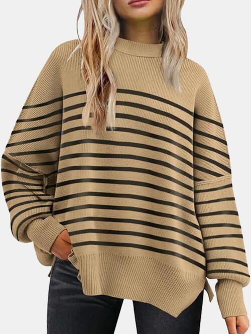 Round Neck Drop Shoulder Slit Sweater